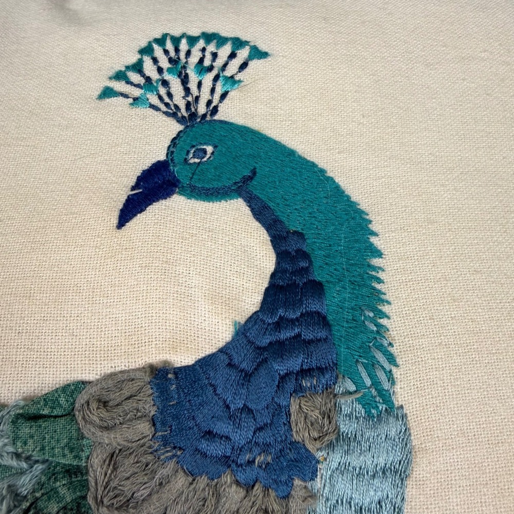World Market Throw Pillow 18x18 Cotton Embroidered Peacock Dimensional Decor - Picture 10 of 12